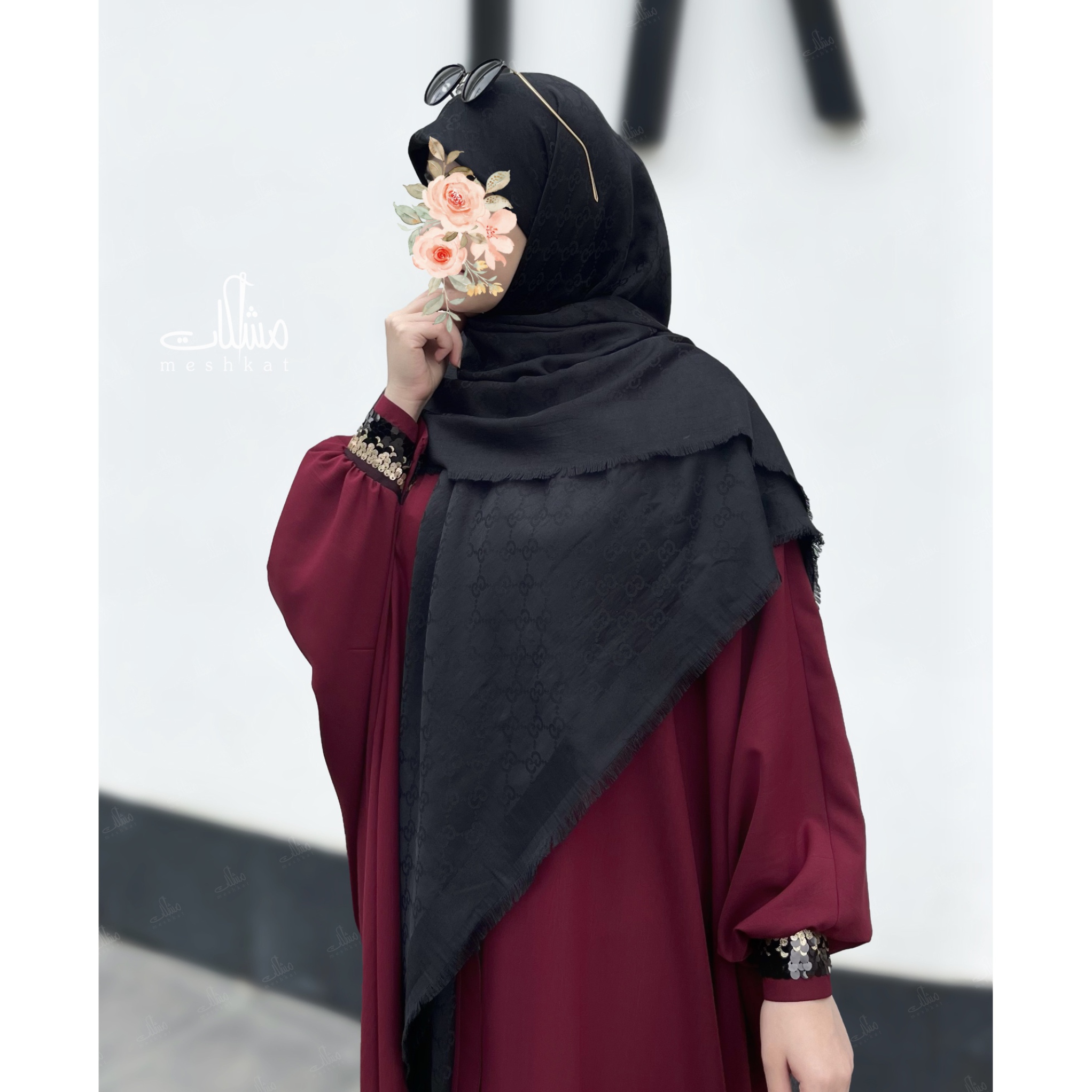  عبای بحرینی مدل مرواید با پارچه کرپ فلور از کالکشن تابستانه مشکات کالکشن رنگ زرشکی 